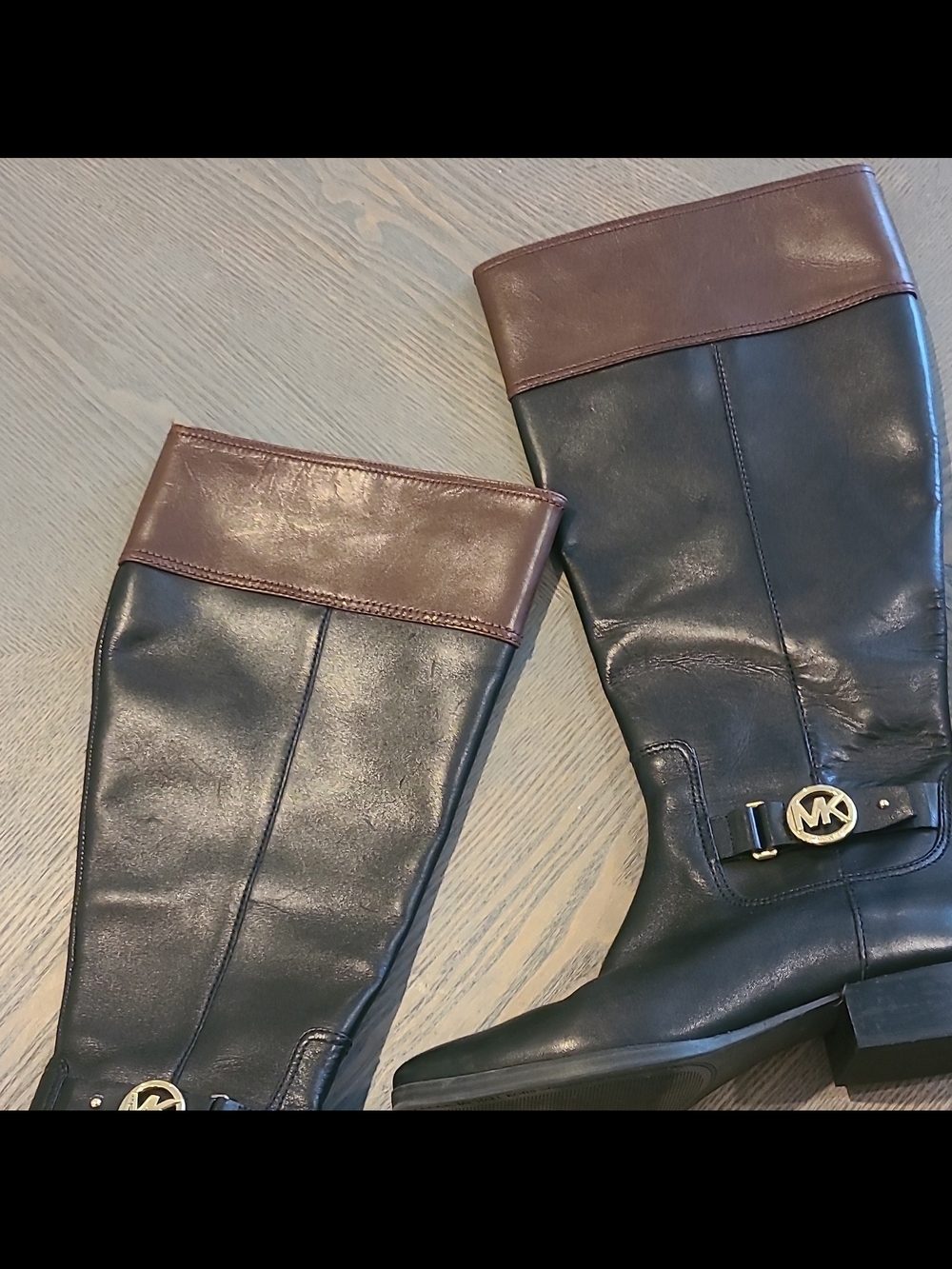 Michael Kors Black Leather Knee Boots with Brown Cuffs